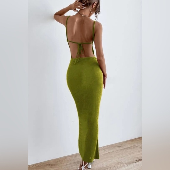 Maxi bodycon cami dress, XS, spaghetti straps, pencil ruched backless, tie back - Picture 2 of 9